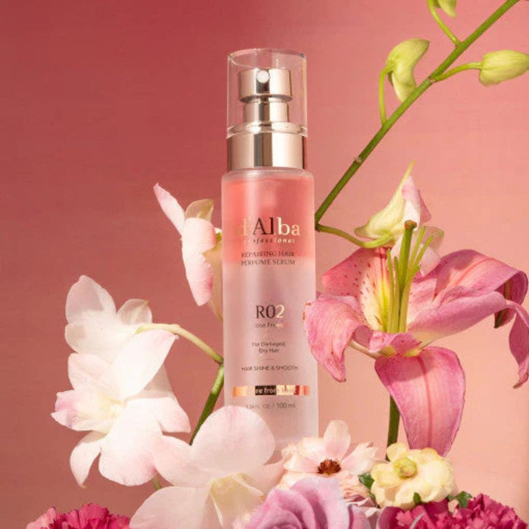 d'Alba sérum réparateur pour les cheveux photo avec des fleurs