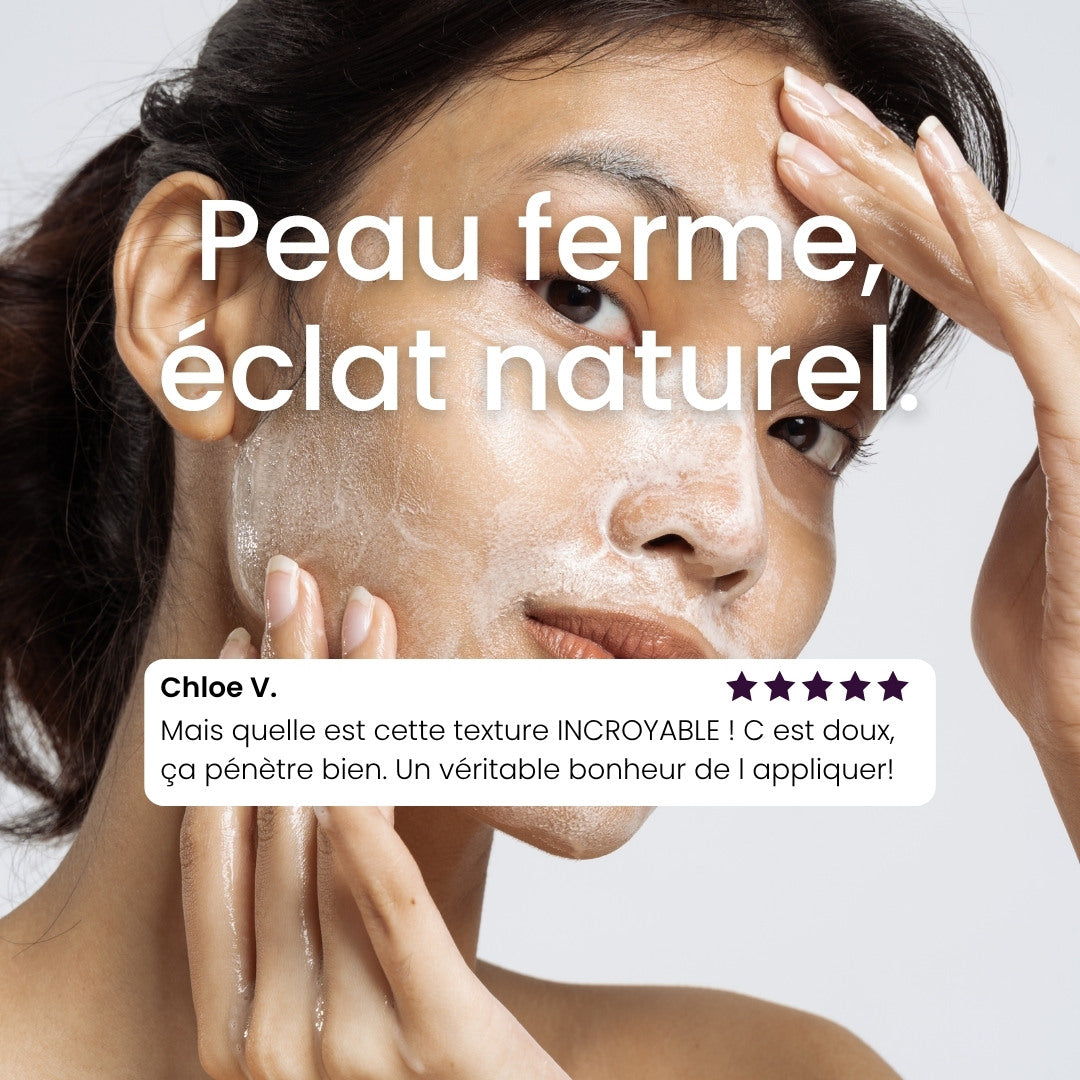 Crème Mizon présentée sur fond violet avec effet lumineux.