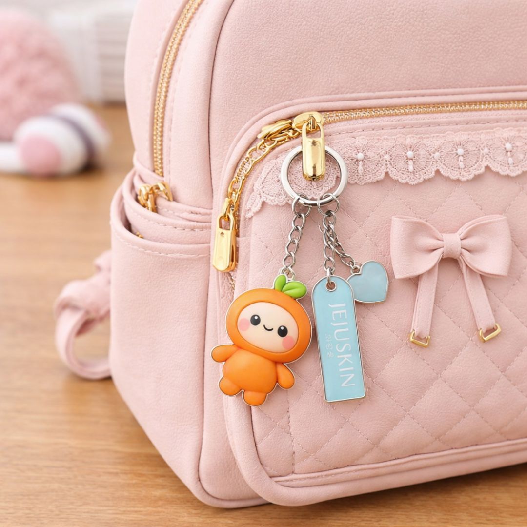Le porte-clé Jejuskin attaché sur un sac à dos