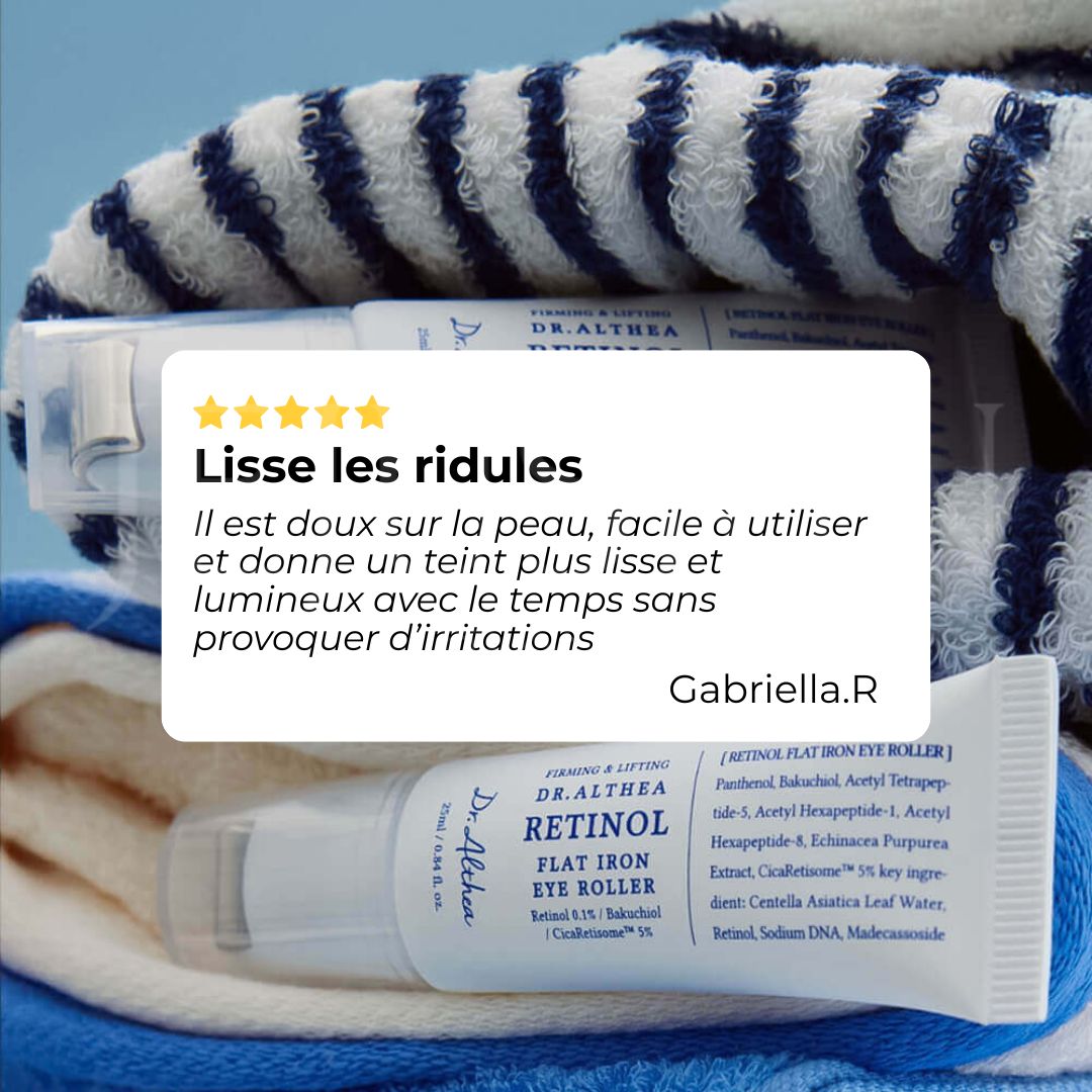Dr.Althea Roller contour des yeux lissant au rétinol Avis client 5 étoiles : contour des yeux lissé, teint plus lumineux et peau sans irritation.