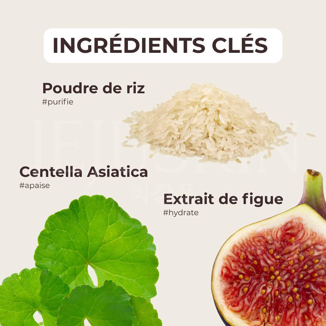 Les ingrédients clés du nettoyant et masque 2-en-1 éclat à l’eau de riz de Mizon