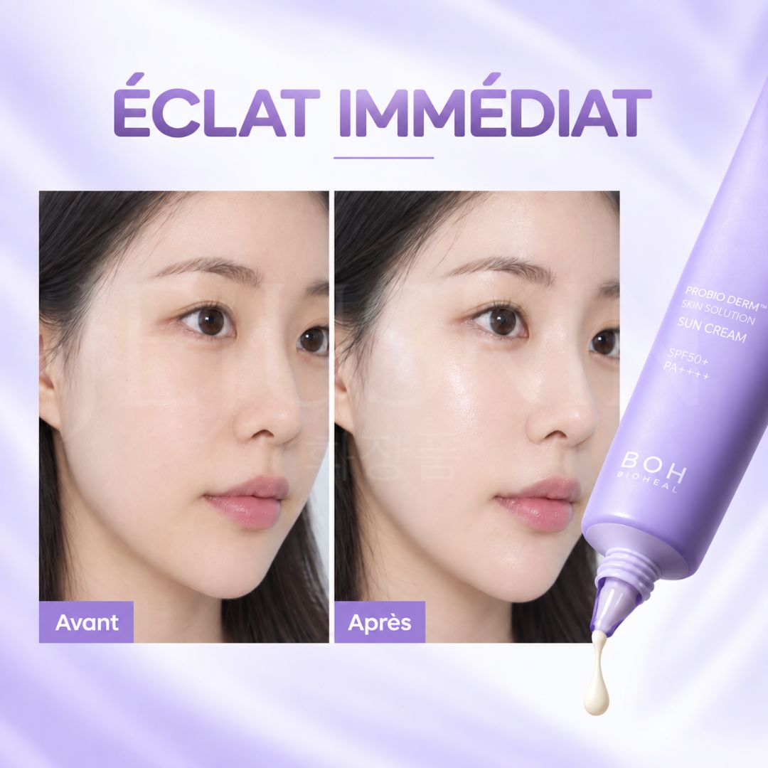 Avant après utilisation de la crème solaire essence au collagène Probioderm SPF50+ PA++++ de Bioheal Boh