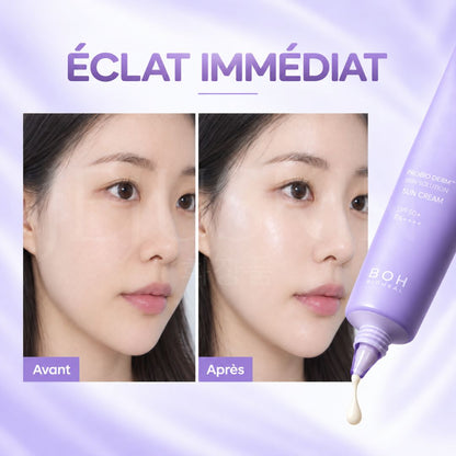 Avant après utilisation de la crème solaire essence au collagène Probioderm SPF50+ PA++++ de Bioheal Boh