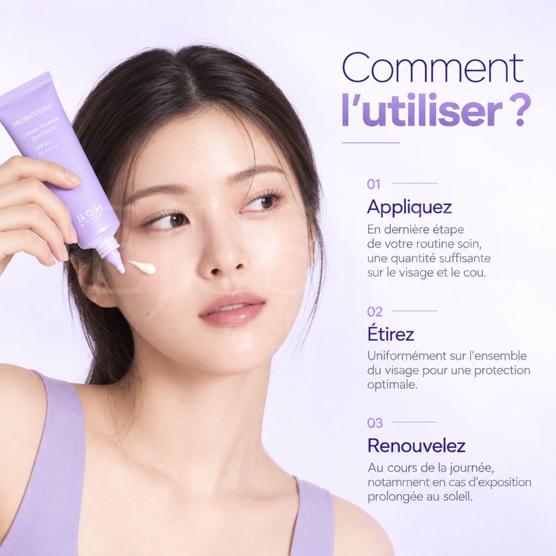 Comment utiliser la crème solaire essence au collagène Probioderm SPF50+ PA++++ de Bioheal Boh