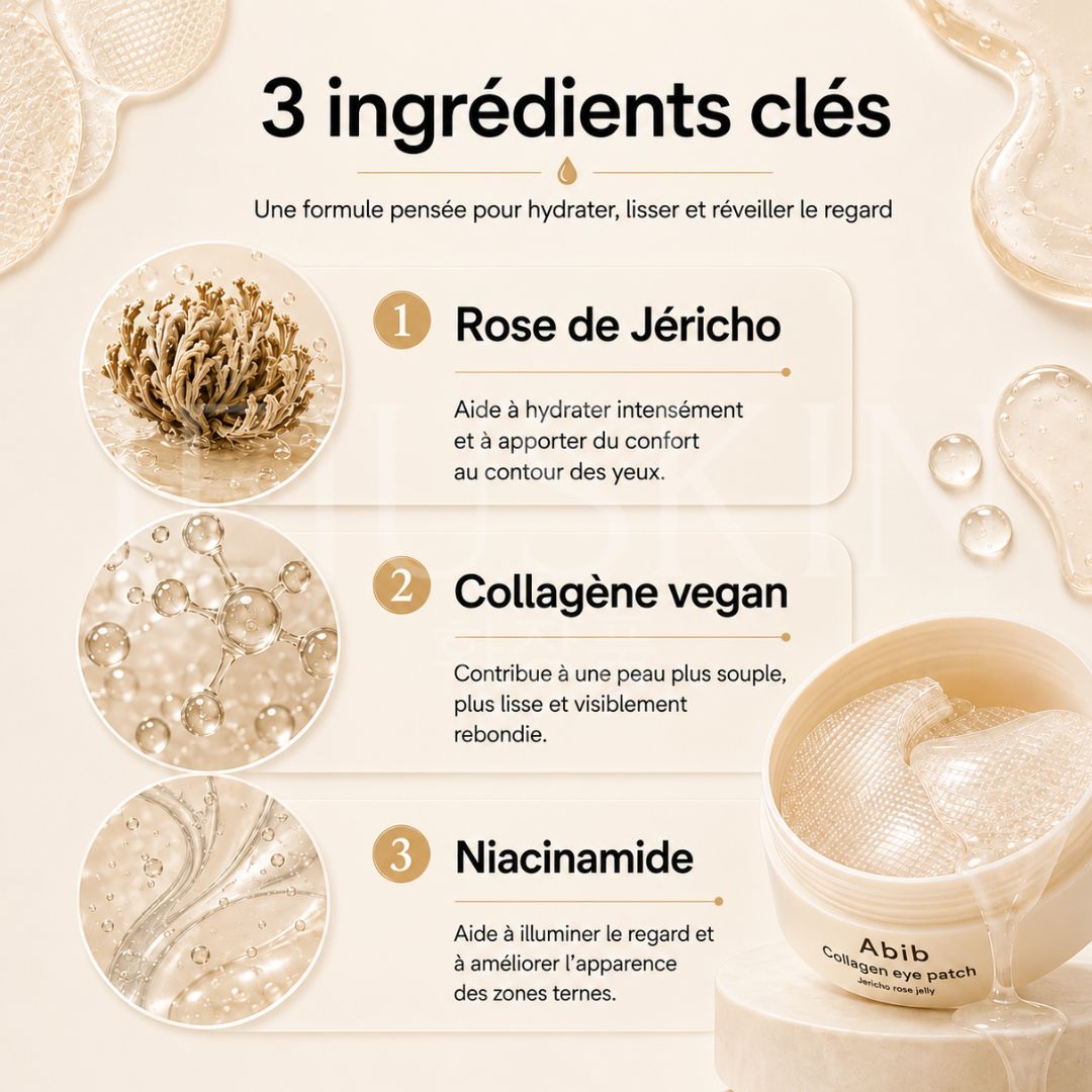 Les ingrédients des patchs pour les yeux au collagène et à la gelée de rose de Jéricho d'Abib