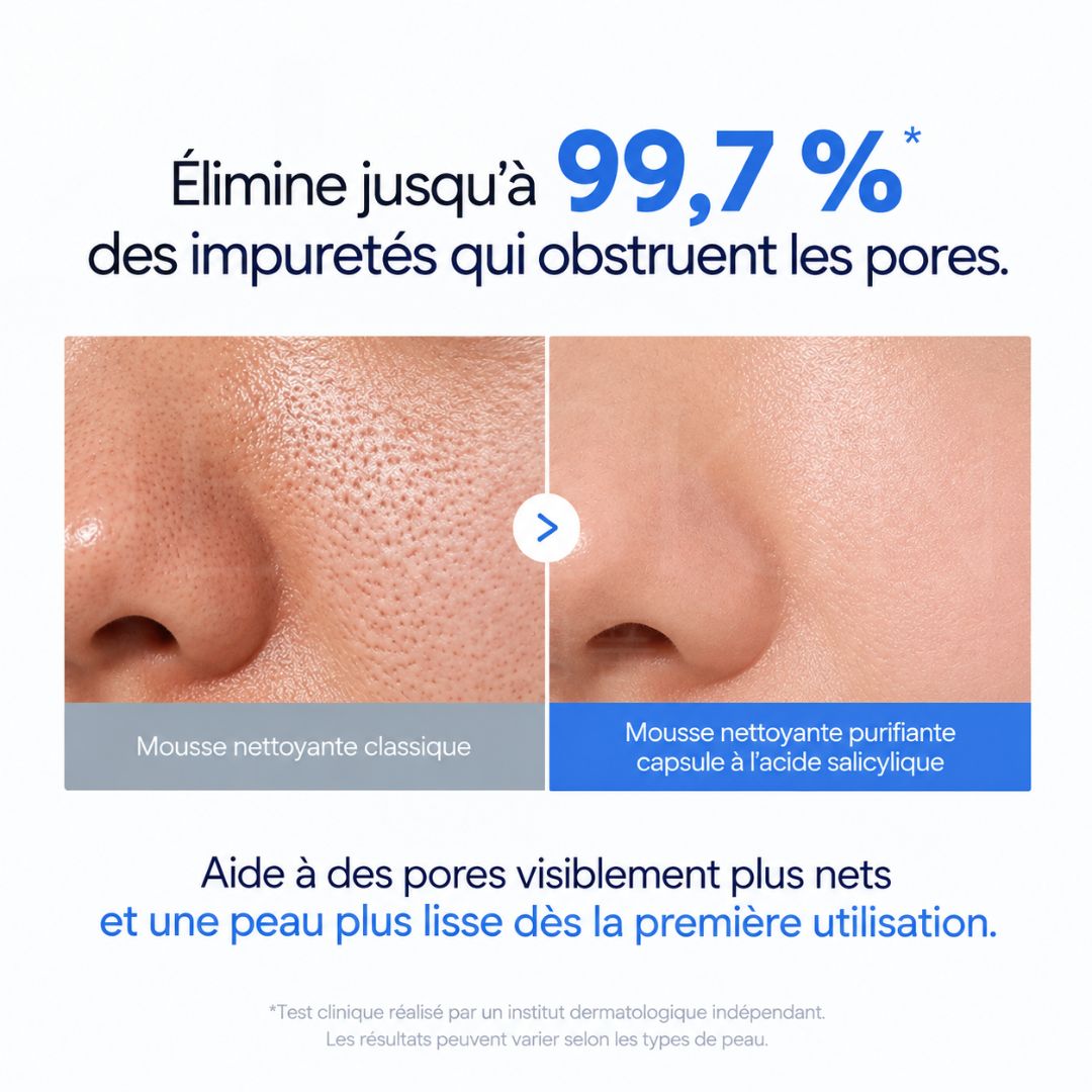 Avant après utilisation de la mousse nettoyante purifiante capsules à l’acide salicylique anti-pores de Medicube