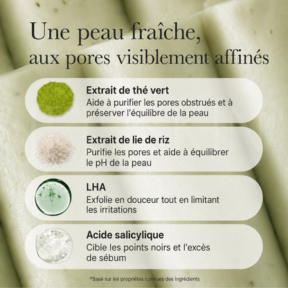 Les ingrédients du nettoyant purifiant au thé vert + LHA pour pores et sébum d'Arencia