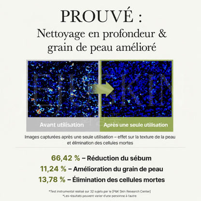 Avant après utilisation du nettoyant purifiant au thé vert + LHA pour pores et sébum d'Arencia