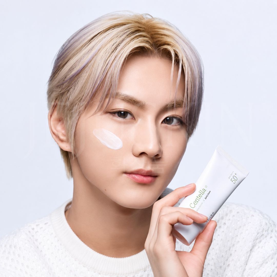 Idol de Kpop avec la crème solaire apaisante à la centella SPF50+ de Mixsoon