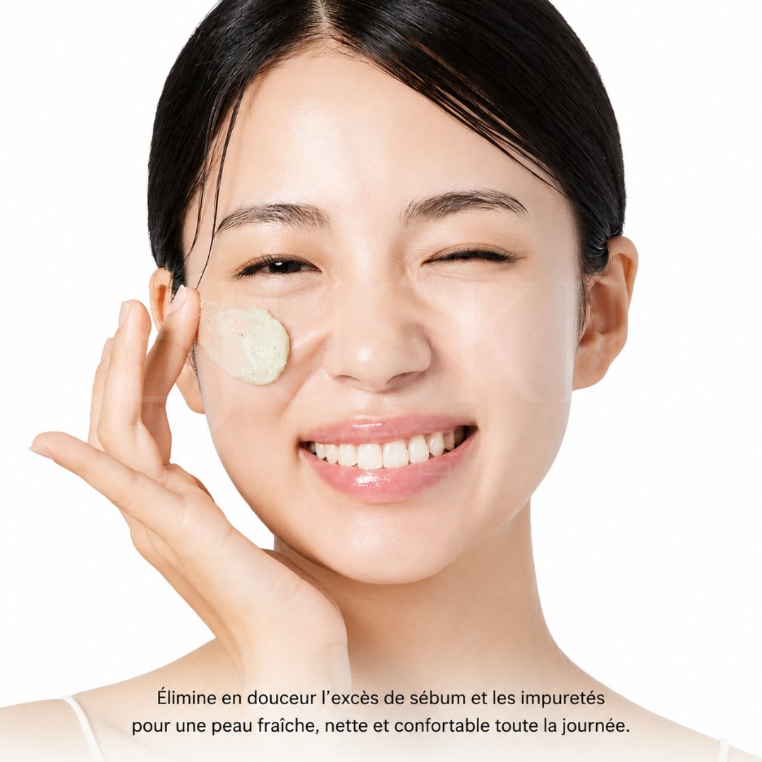 Fille qui utilise le nettoyant purifiant au thé vert + LHA pour pores et sébum d'Arencia