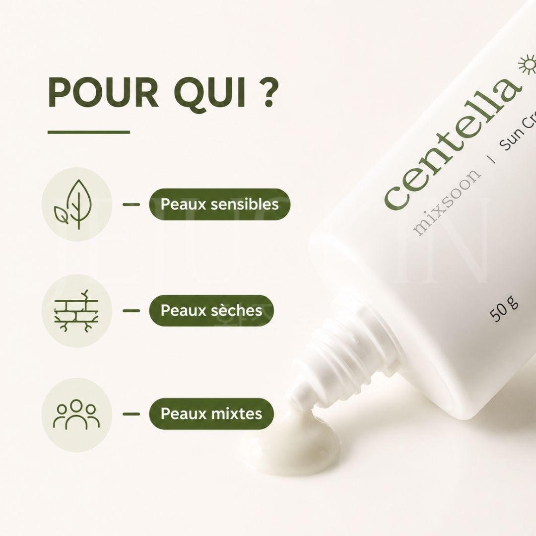 Pour qui est faite la crème solaire apaisante à la centella SPF50+ de Mixsoon