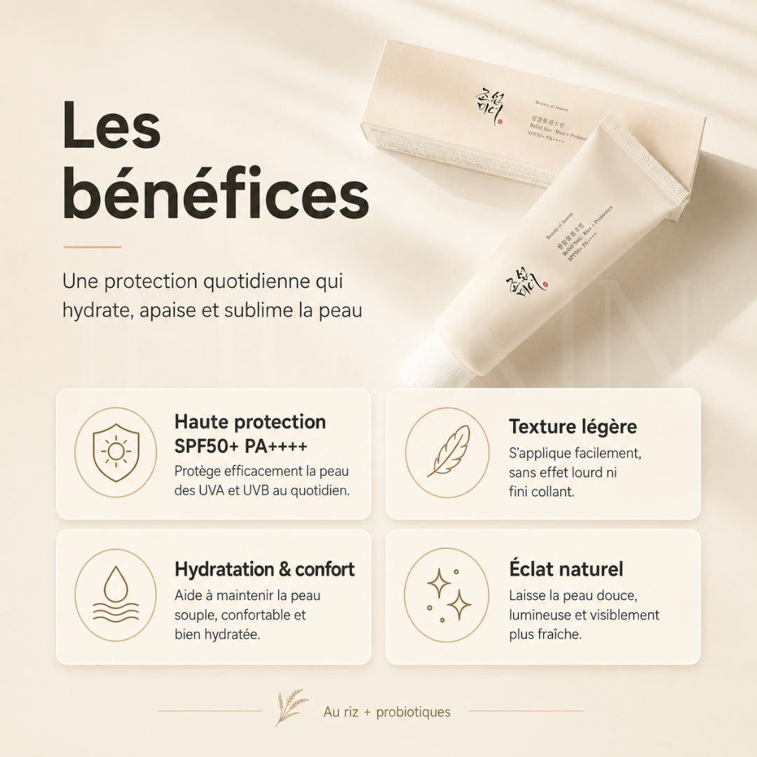 Les bénéfices de la crème solaire de beauty of joseon relief sun riz + probiotiques