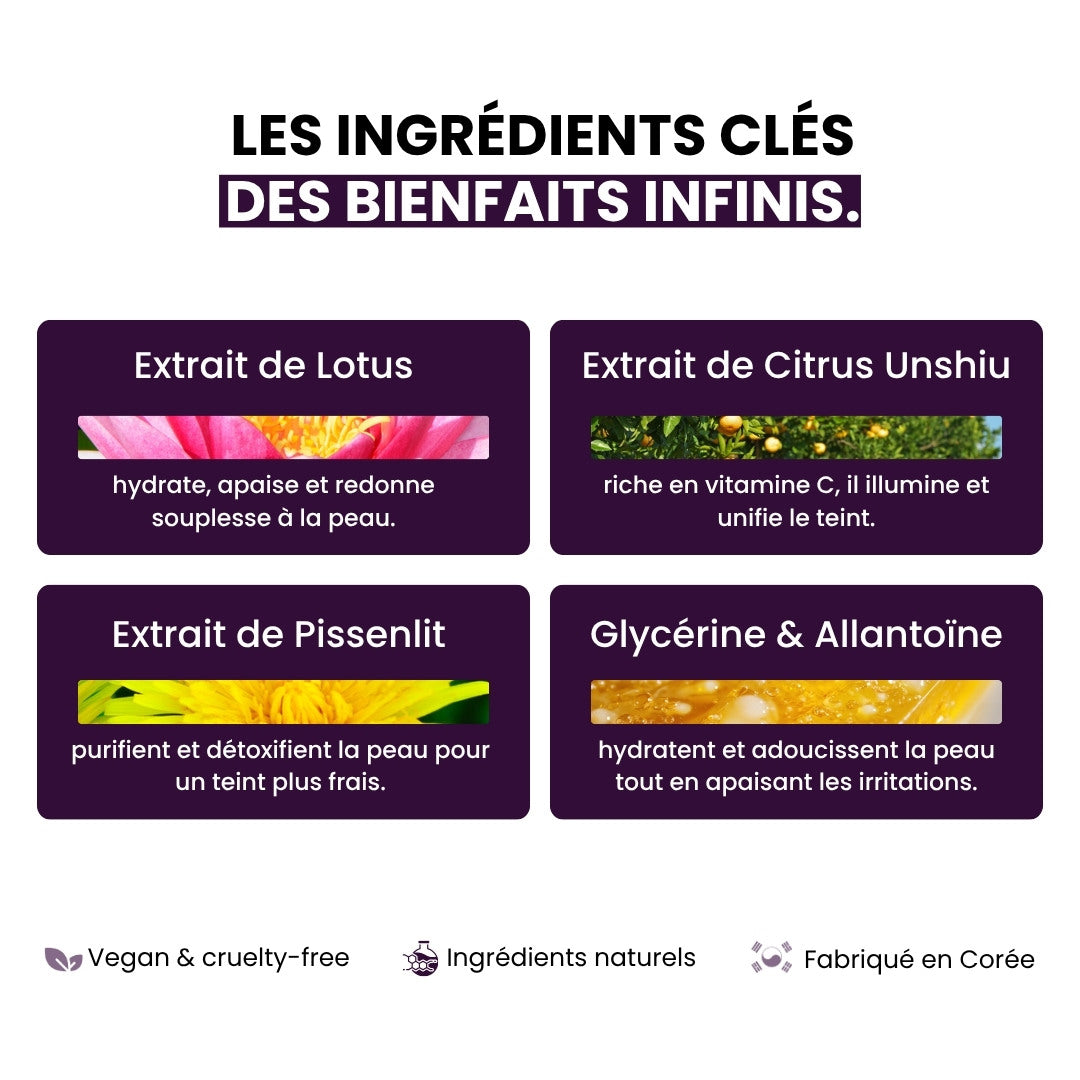 Ingrédients clés du masque Mizon pour une hydratation en profondeur.