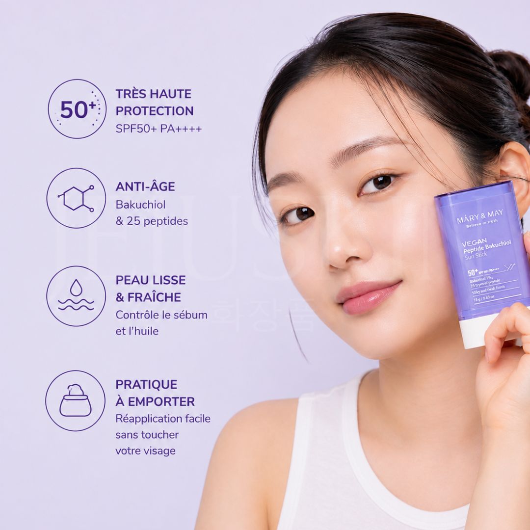 Les bénéfices du stick solaire vegan anti-âge peptides et Bakuchiol SPF50+ de Mary&May