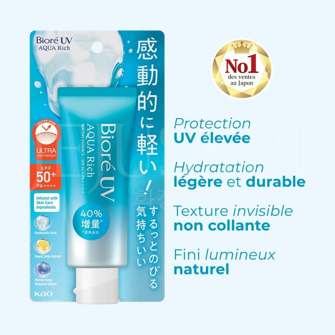 Les bienfaits de la Bioré Essence solaire UV Aqua Rich Watery SPF 50+ 70g