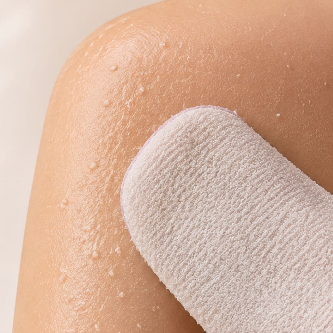 Photo d'utilisation d'un gant exfoliant sur le corps