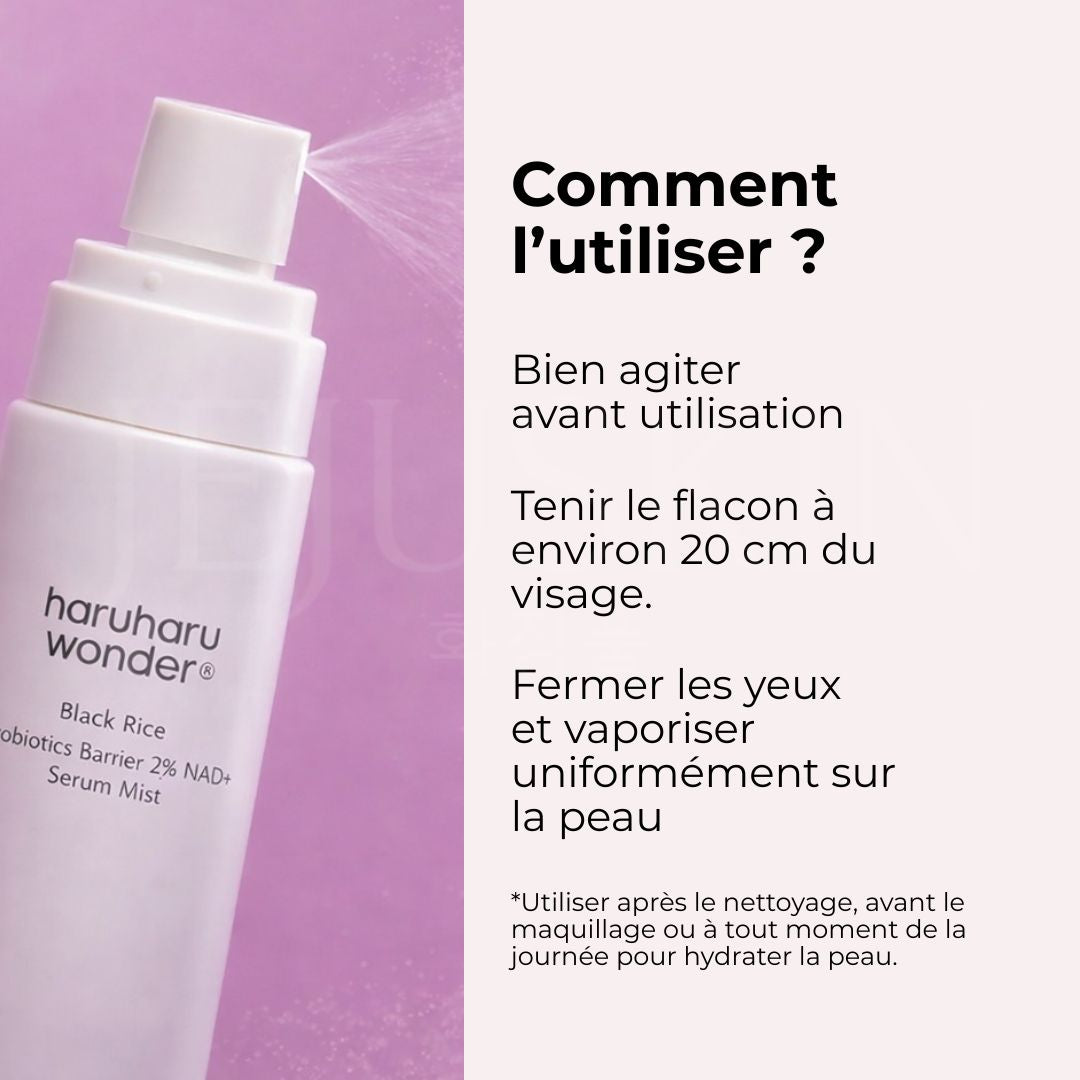 Comment utiliser la brume hydratante au riz noir aux probiotiques et NAD+ 2% d'Haruharu Wonder