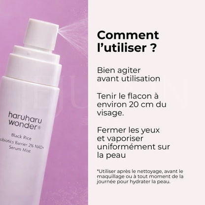Comment utiliser la brume hydratante au riz noir aux probiotiques et NAD+ 2% d'Haruharu Wonder