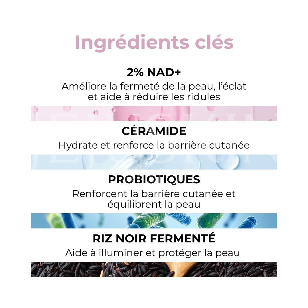 Les ingrédients de la brume hydratante au riz noir aux probiotiques et NAD+ 2% d'Haruharu Wonder