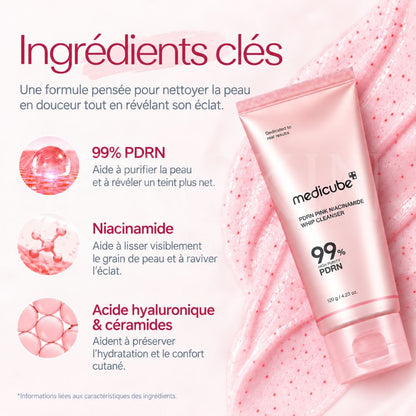 Les ingrédients clés de la mousse nettoyante éclat au PDRN et glutathion rose de Medicube
