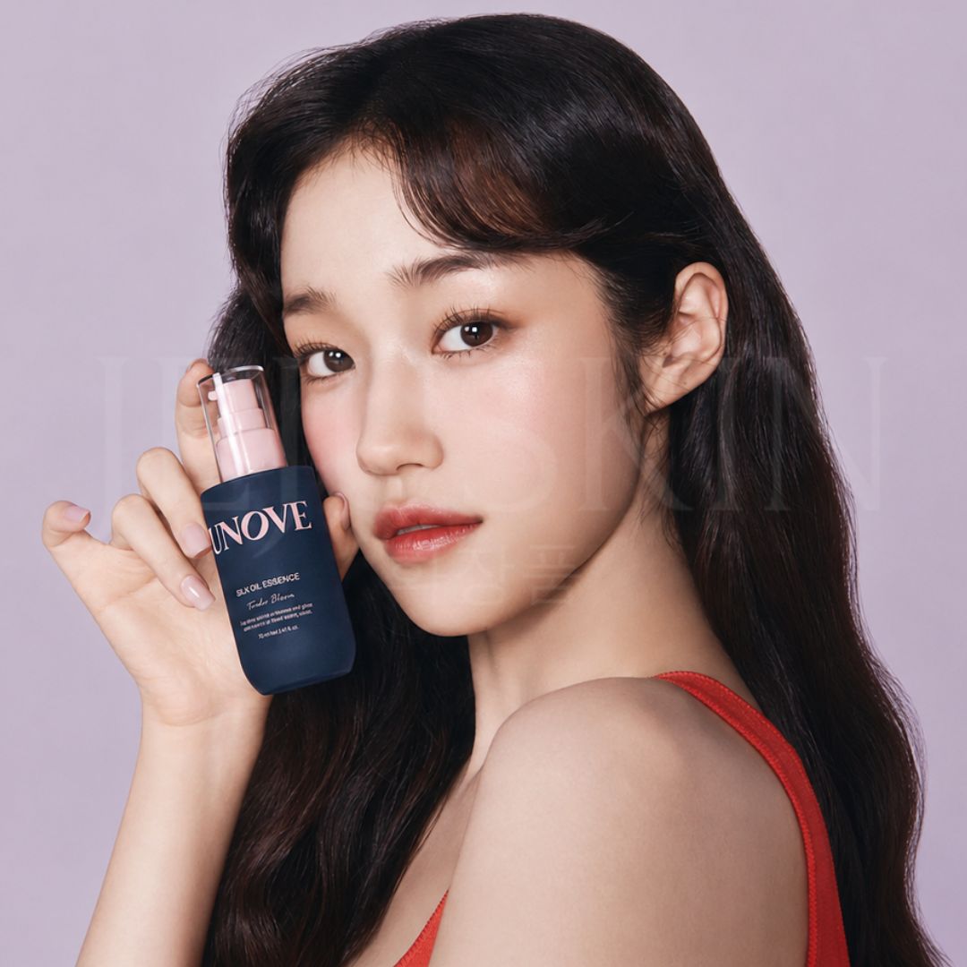 Femme qui tiens l'huile capillaire hydratante et lissante Tender Bloom 70ml d'Unove dans sa main