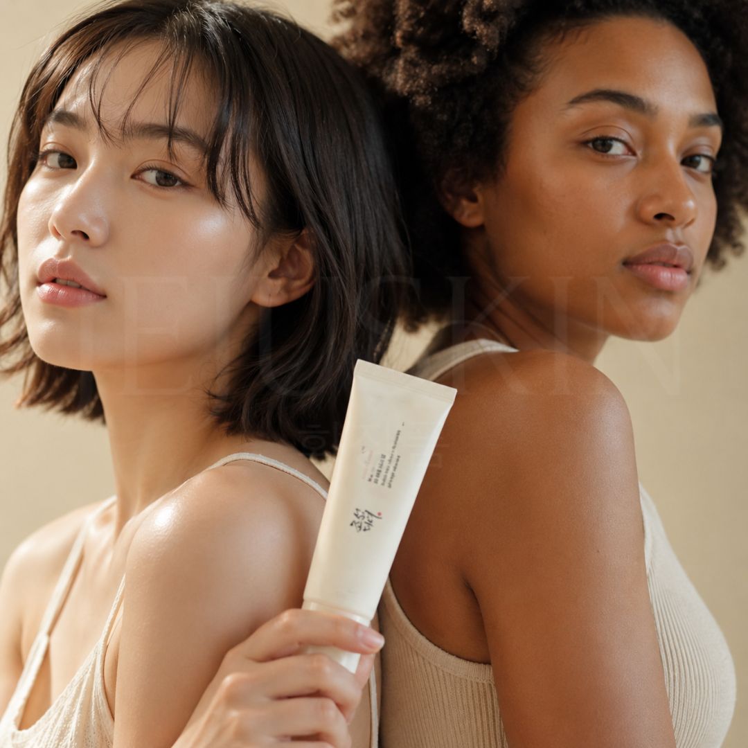 Deux femmes qui tiennent la crème solaire de beauty of joseon relief sun riz + probiotiques