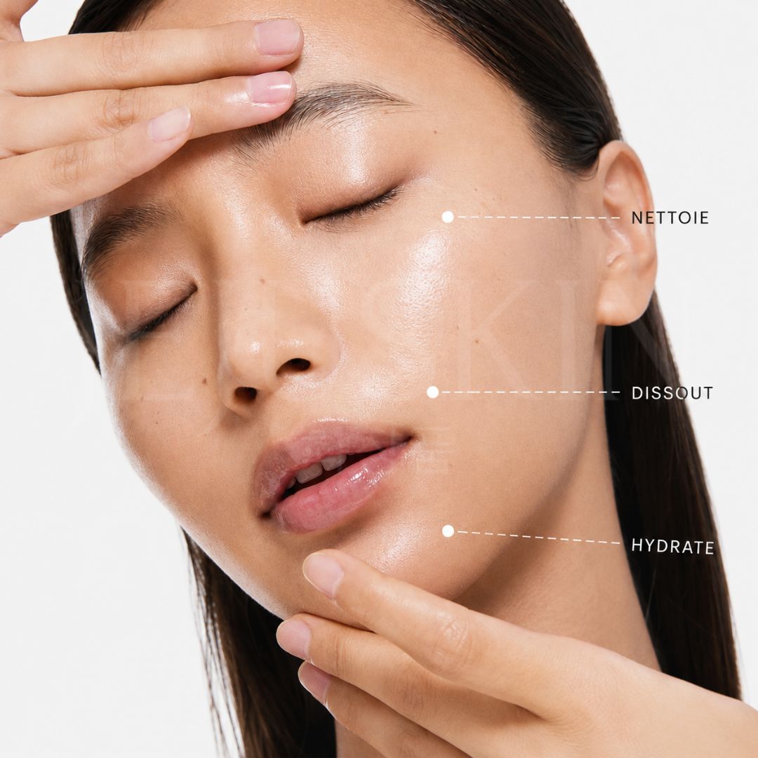 Visage d'une femme qui utilise l'huile nettoyante Dive-In à l’acide hyaluronique de faible poids moléculaire de Torriden