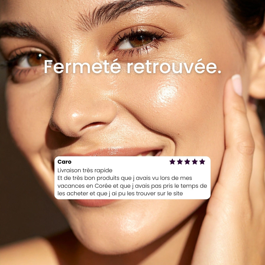 Femme appliquant le sérum liftant Mizon sur son visage.