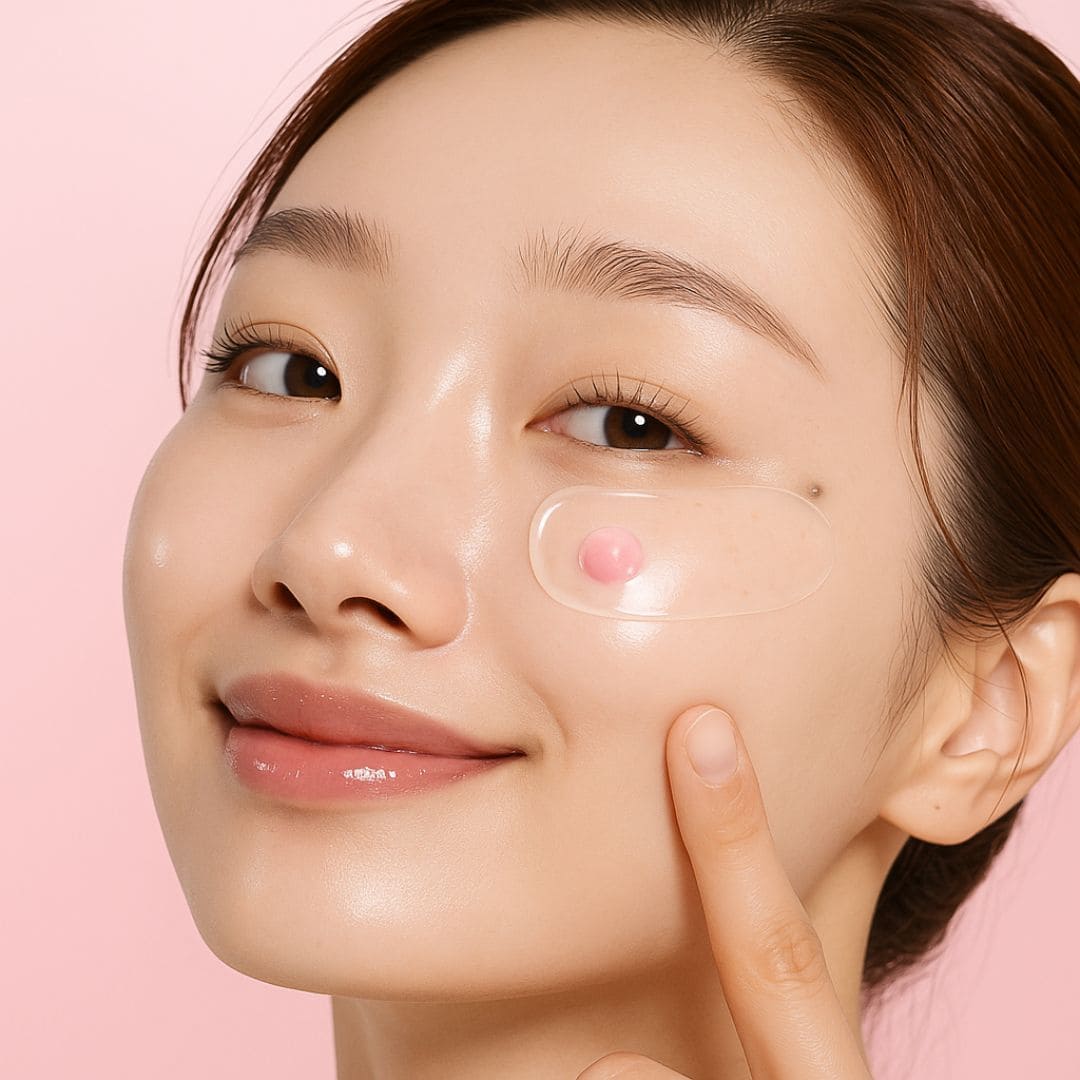 Medicube crème capsules au collagène rose PDRN sur un visage féminin