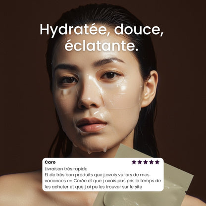 Femme avec une peau hydratée et éclatante après utilisation du masque Mizon.