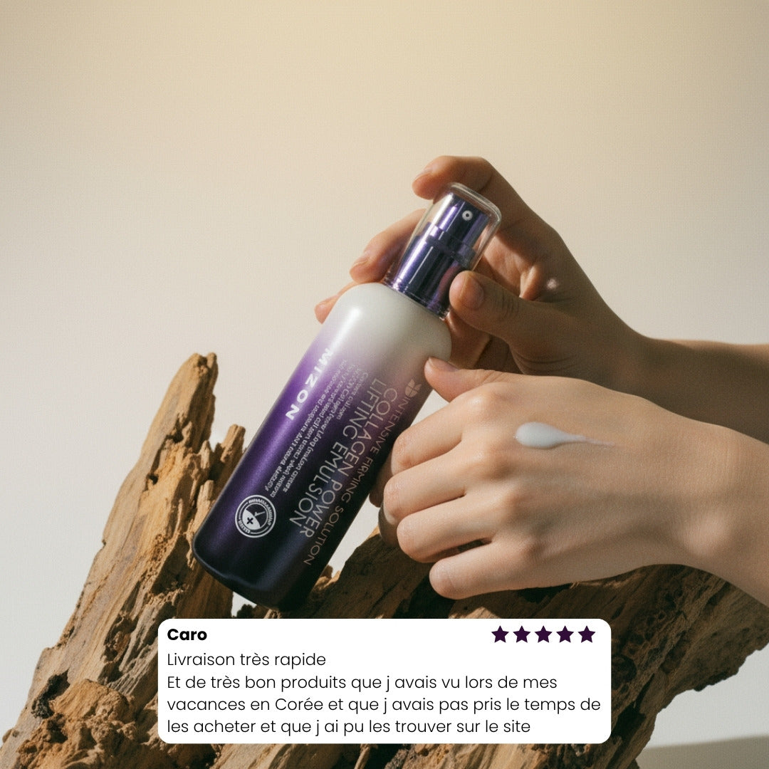 Application du toner liftant Mizon sur le visage à l’aide d’un coton.