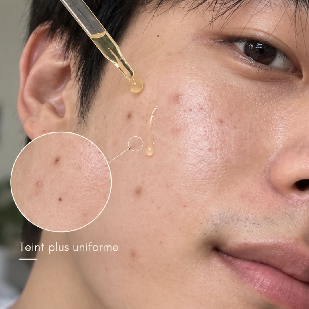 Homme qui utilise le sérum anti-taches B-Boost à 1% d’acide kojique de Nineless