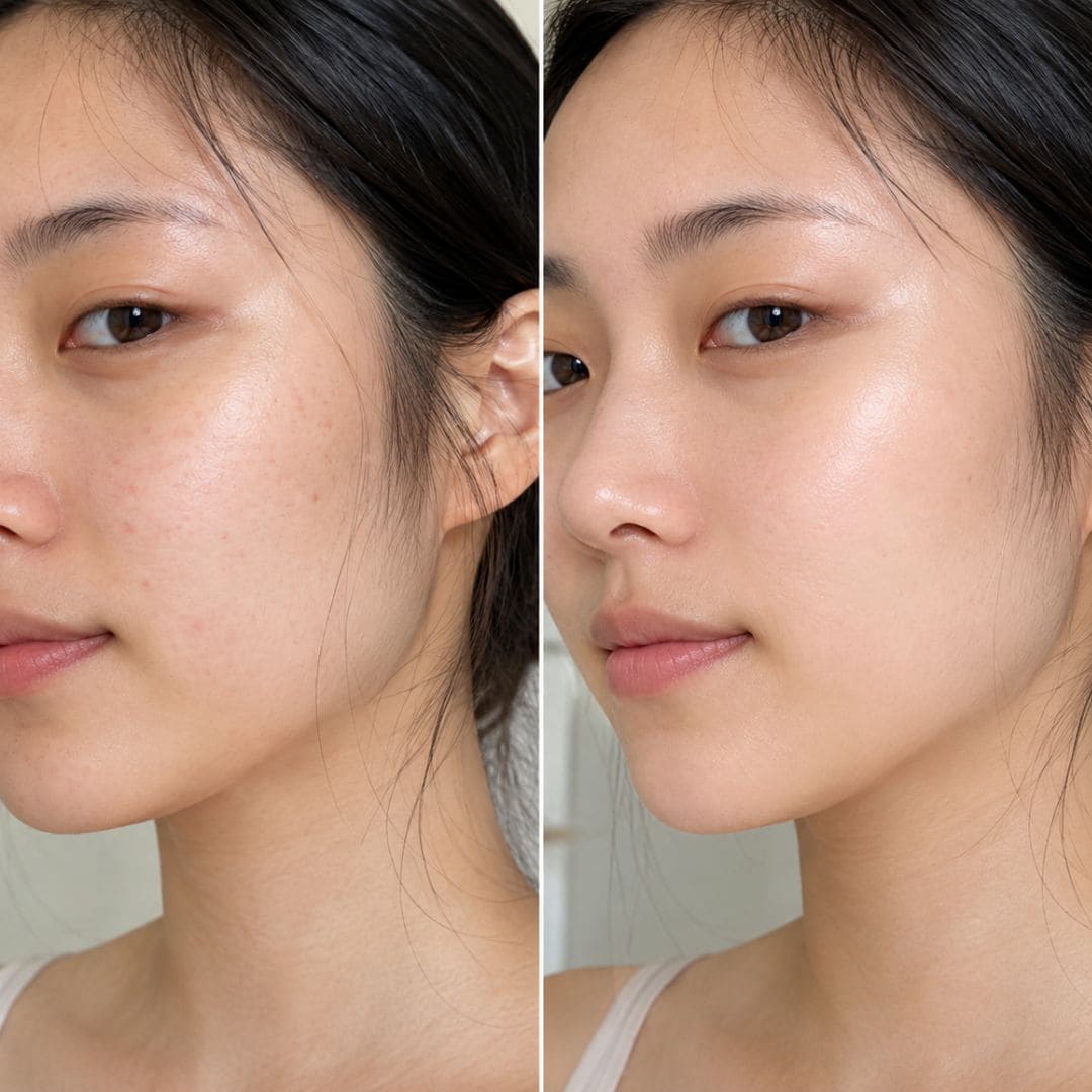 Avant après utilisation de la brume biodance aux peptides et collagène