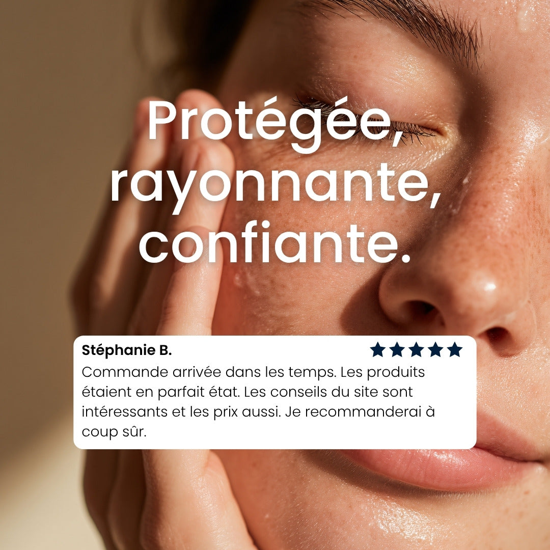 Peau protégée et lumineuse après application de la crème solaire Cell Happy Co.
