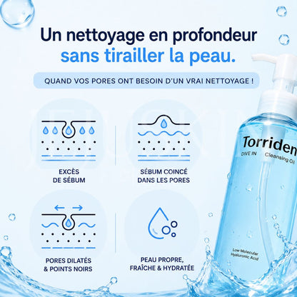 l'huile nettoyante Dive-In à l’acide hyaluronique de faible poids moléculaire de Torriden dissous les pores