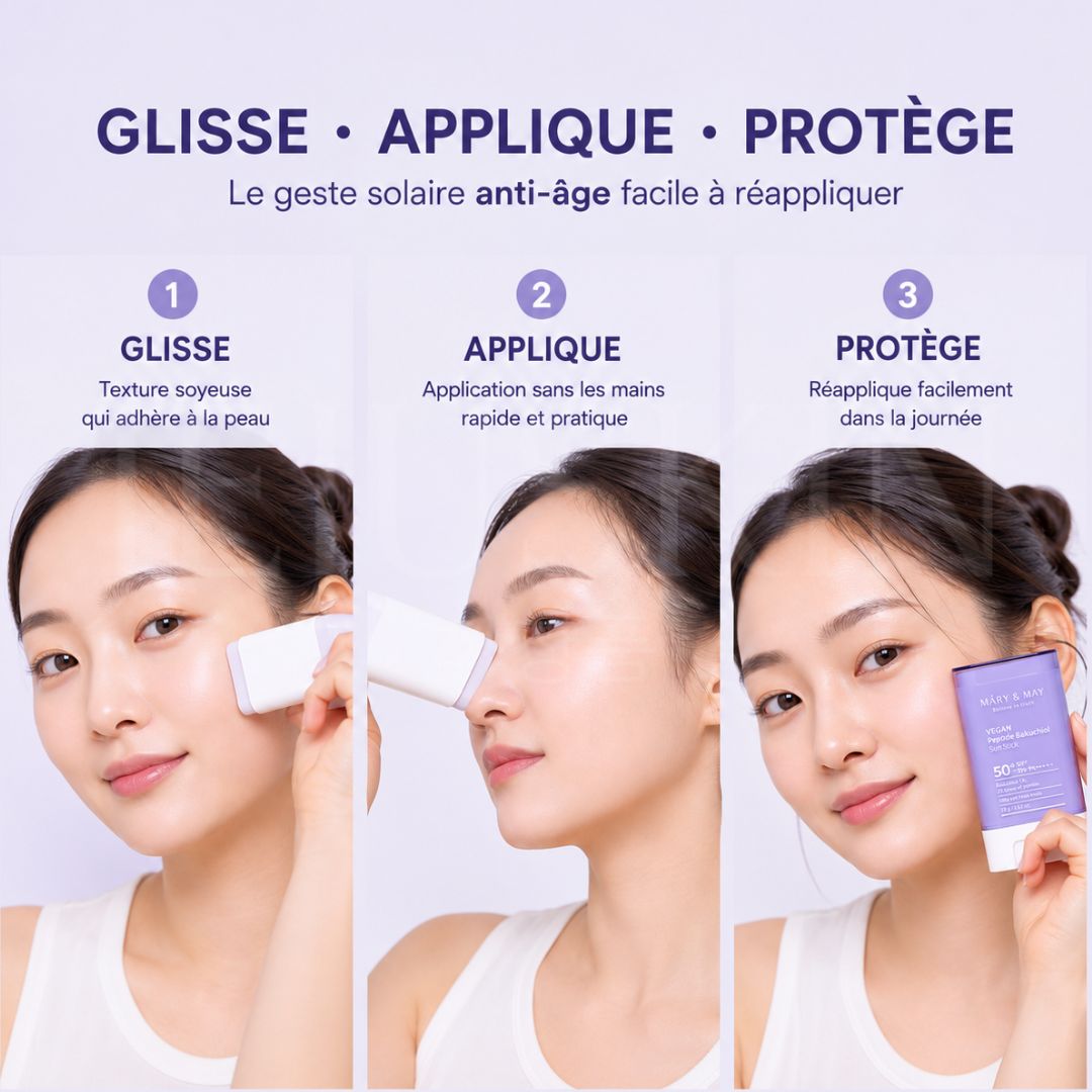 Comment utiliser le stick solaire vegan anti-âge peptides et Bakuchiol SPF50+ de Mary&May