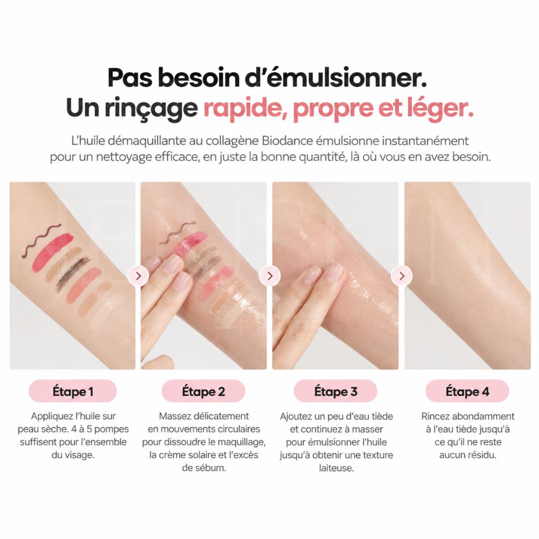 Exemple d'utilisation de l'huile démaquillante au collagène de Biodance