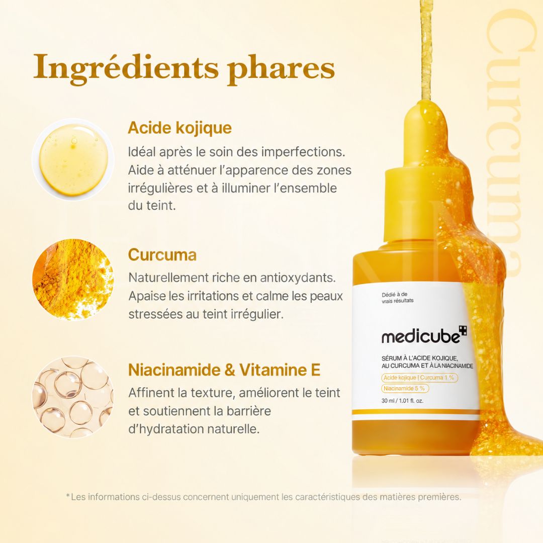 Les ingrédients clés du sérum anti-taches à l’acide kojique, curcuma et niacinamide de Medicube