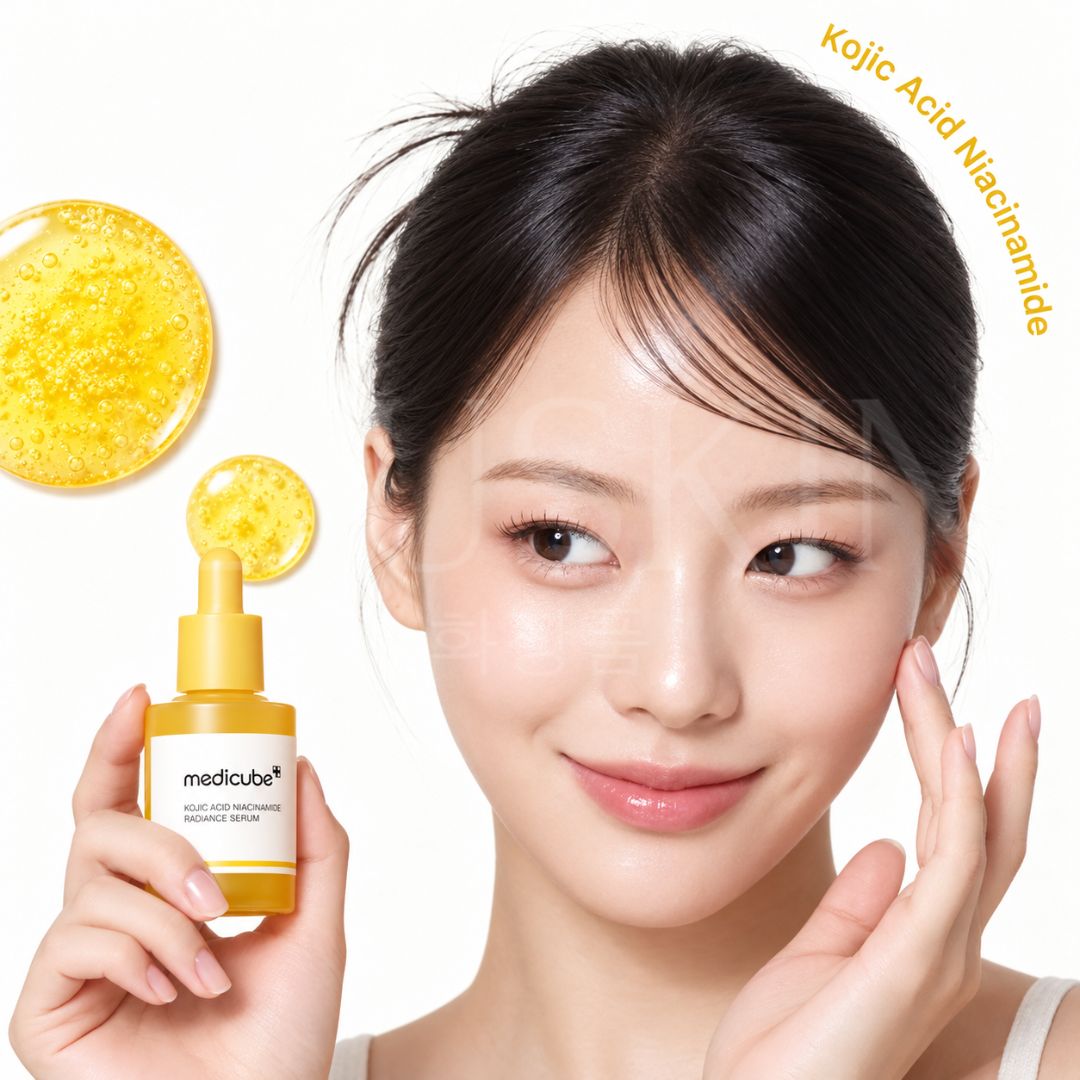 Fille qui tiens le sérum anti-taches à l’acide kojique, curcuma et niacinamide de Medicube dans sa main
