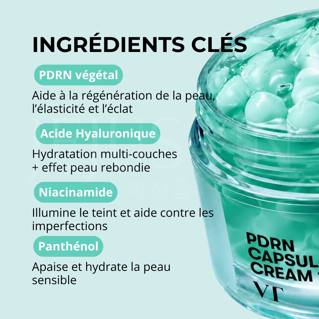 Les ingrédients de la crème capsules régénérante au PDRN  de VT cosmetics