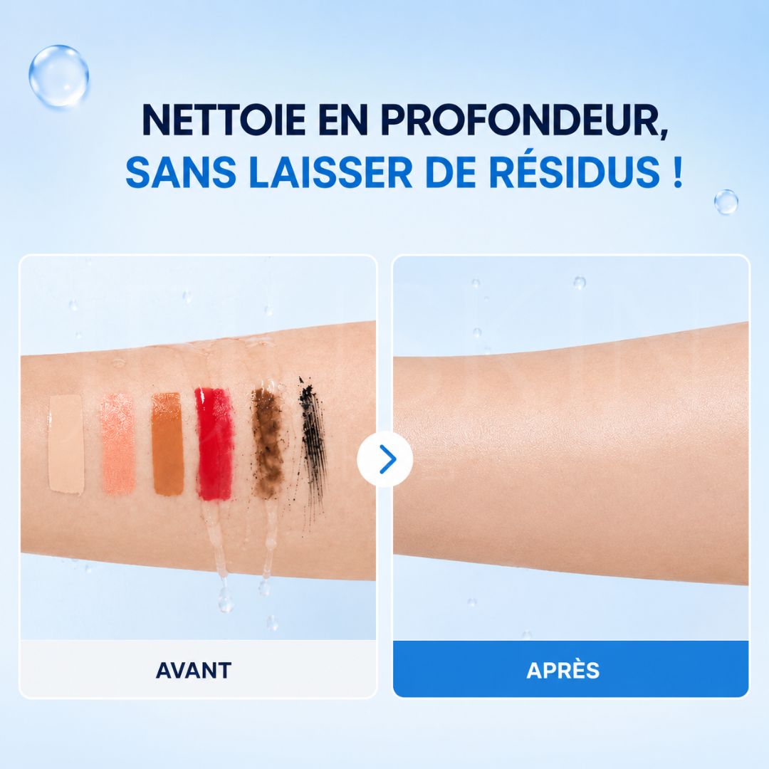 Avant après utilisation de l'huile nettoyante Dive-In à l’acide hyaluronique de faible poids moléculaire de Torriden sur le maquillage