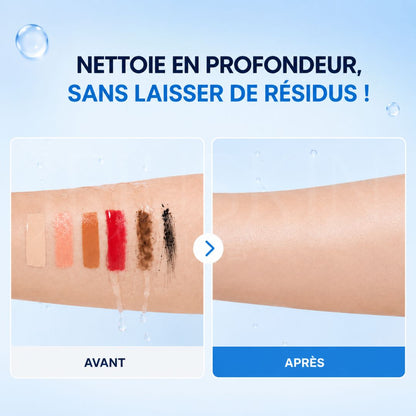 Avant après utilisation de l'huile nettoyante Dive-In à l’acide hyaluronique de faible poids moléculaire de Torriden sur le maquillage