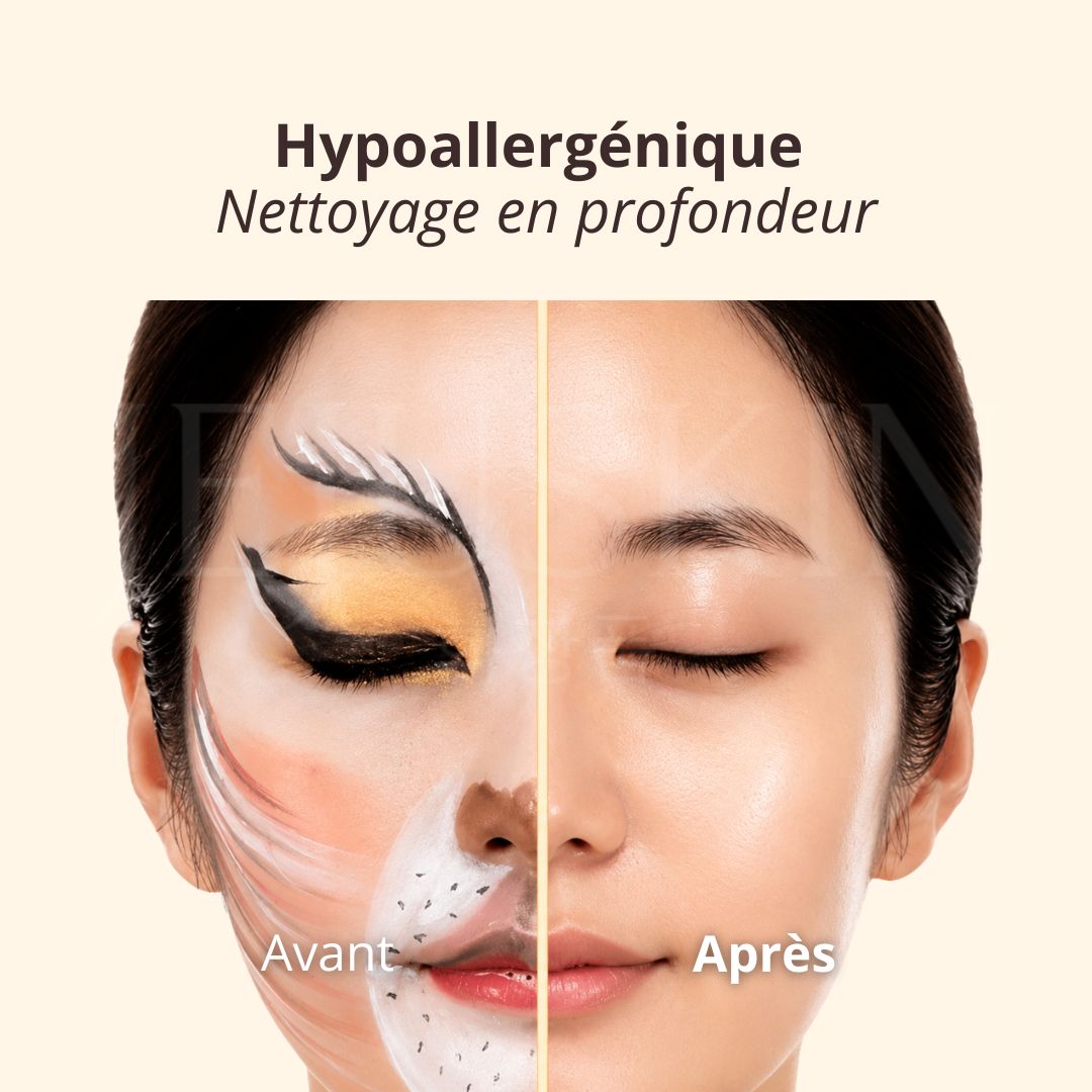 Avant après utilisation du nettoyant visage 2-en-1 crème et huile à la truffe blanche de d'Alba sur du maquillage