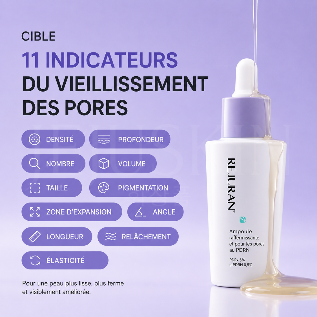 Les indicateurs du vieillissement des pores de l'ampoule raffermissante et pour les pores au PDRN de Rejuran