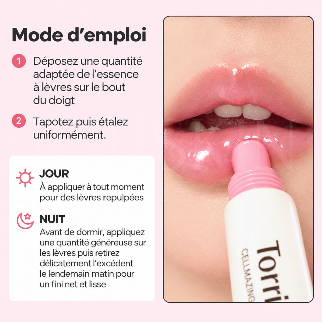 Mode d'emploi pour le soin repulpant pour les lèvres au collagène Cellmazing de Torriden