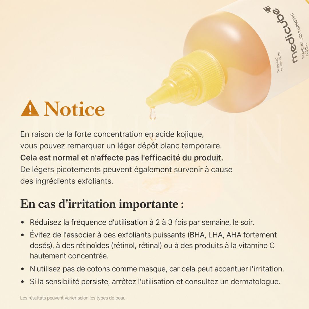 Précautions d'utilisation du toner anti-taches et éclat à l’acide kojique et au curcuma de Medicube