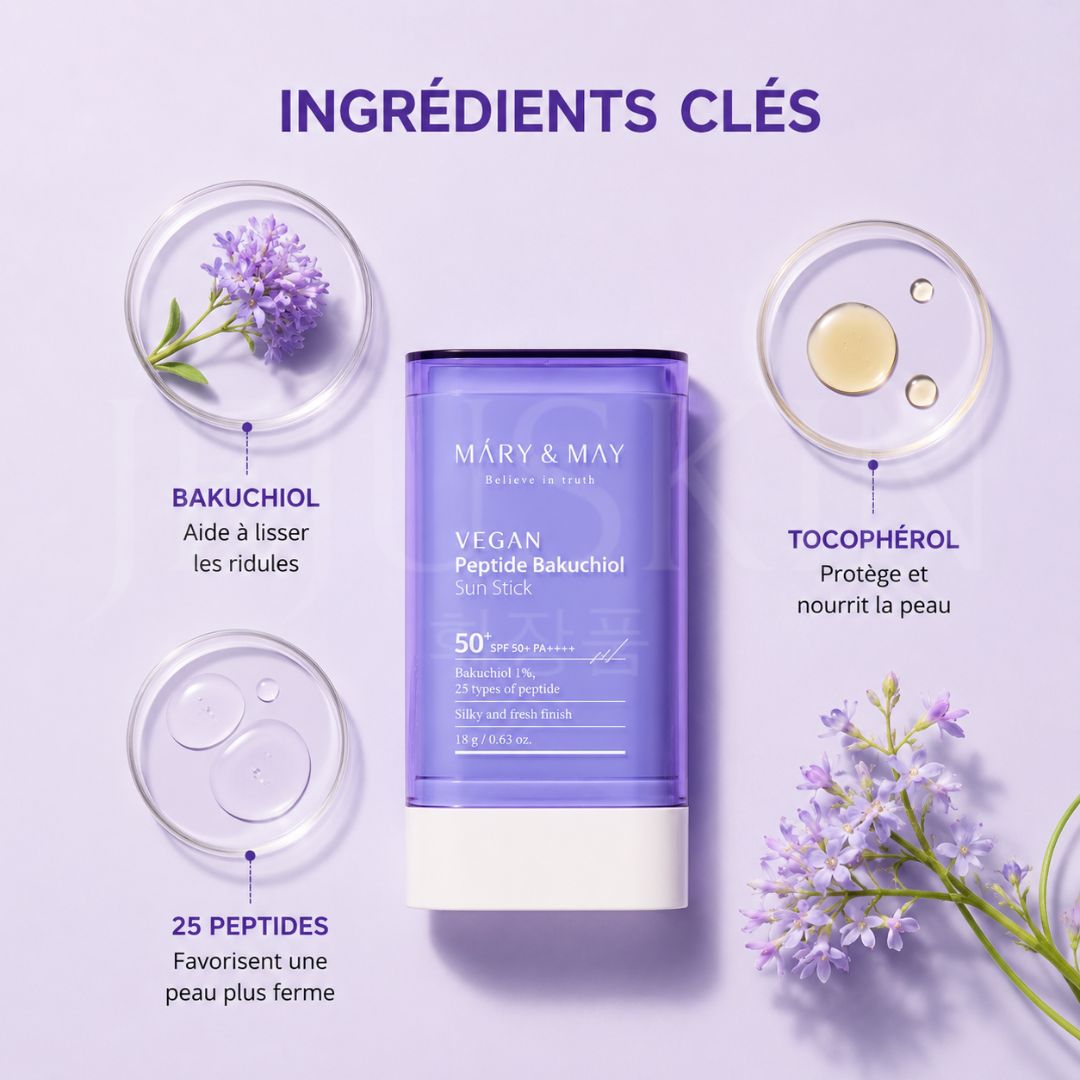 Les ingrédients clés du stick solaire vegan anti-âge peptides et Bakuchiol SPF50+ de Mary&May
