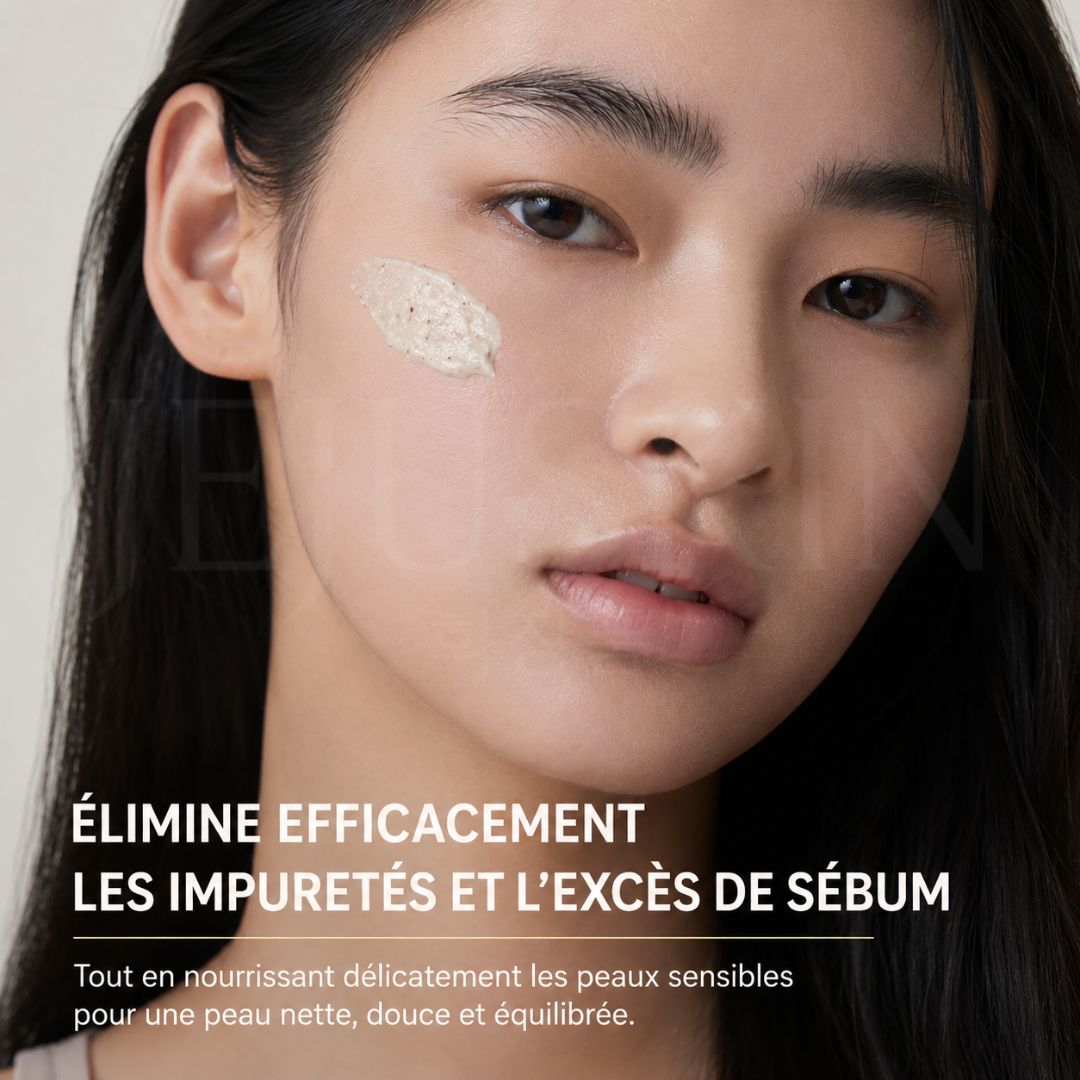 Nettoyant Arencia Riz + LHA appliqué sur la joue pour purifier les pores et réduire l’excès de sébum