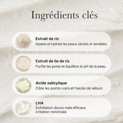  Ingrédients du nettoyant visage Arencia au riz, acide salicylique et LHA contre les points noirs et les pores.