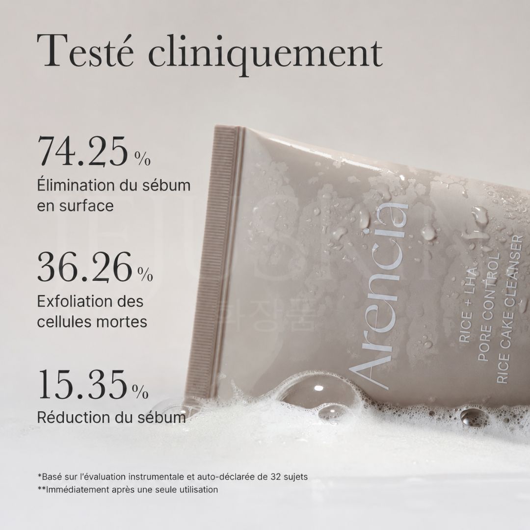 Arencia  Nettoyant purifiant pour les pores et le grain de peau, riz + LHA Résultats cliniques  : élimine le sébum, exfolie les cellules mortes et purifie les pores.
